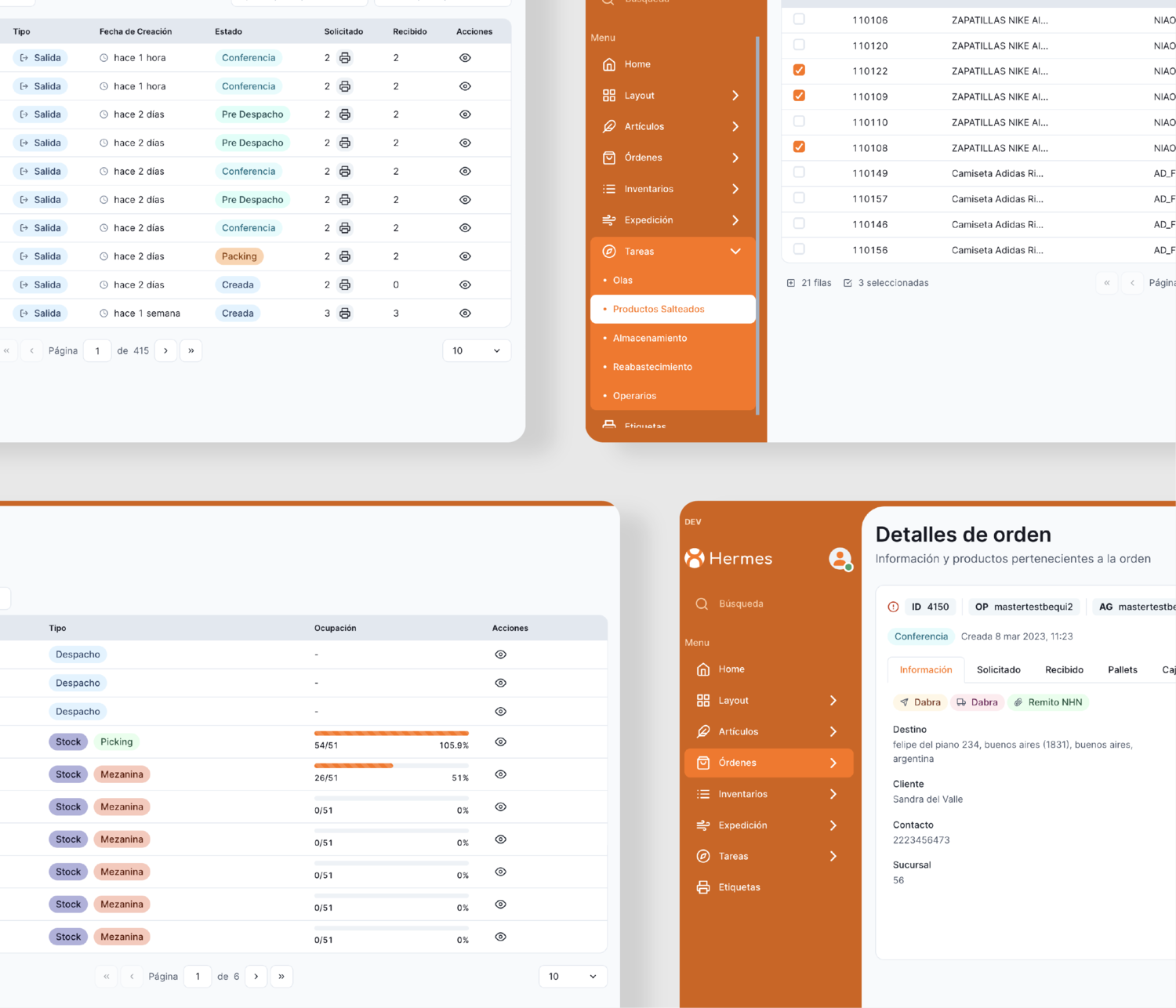 Capturas de pantalla de interfaces de Hermes WMS para crossdocking de Grupo DABRA